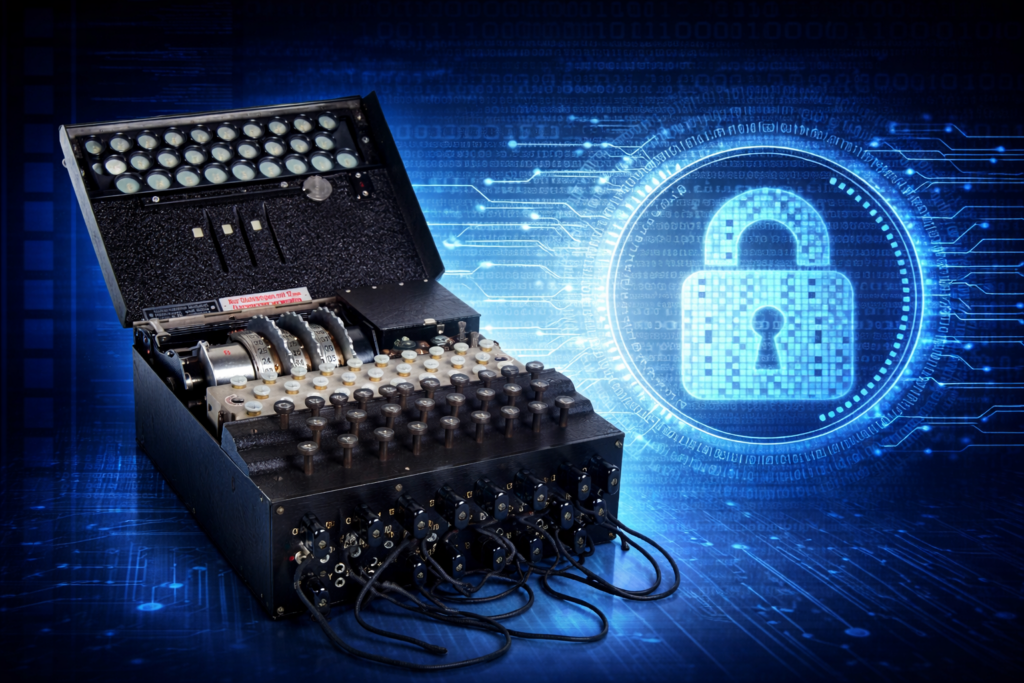Réplica da Máquina Enigma com seus rotores e teclado, simbolizando a origem da criptografia e o legado da Enygma Tech.